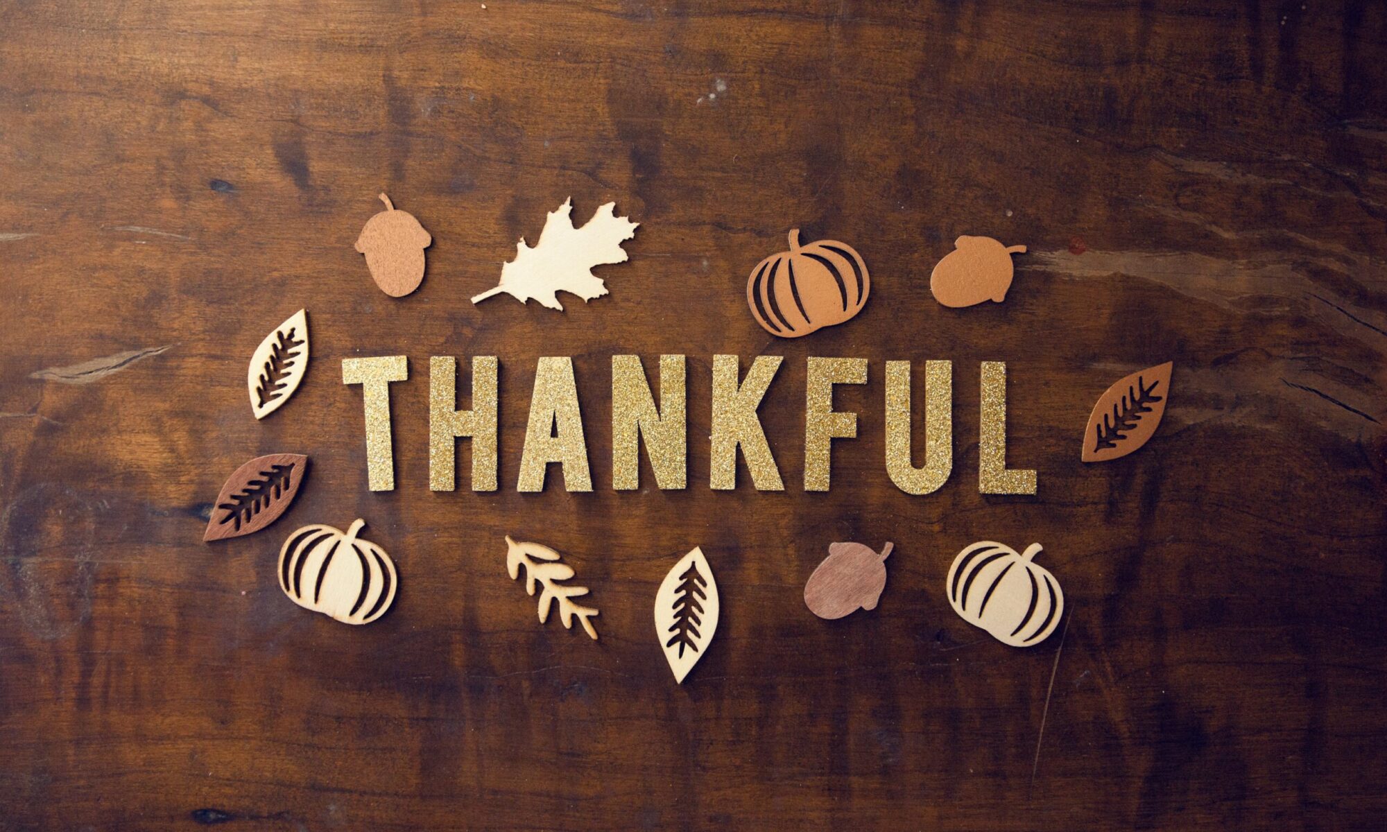 Thankful sign with autumn leaves and pumpkins.