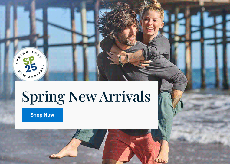 Couple on beach promoting spring new arrivals.