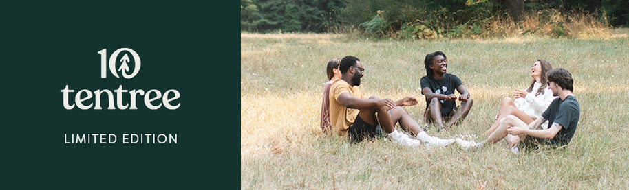 People sitting in a field, tentree logo.